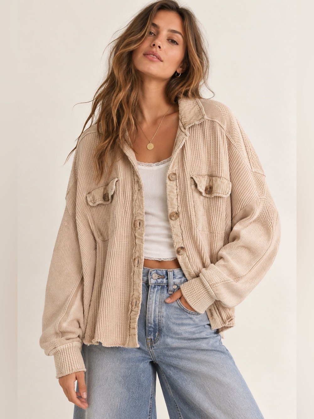 Free People Scout Jacket Waffle Knit Oversized Shacket Beige Button Front